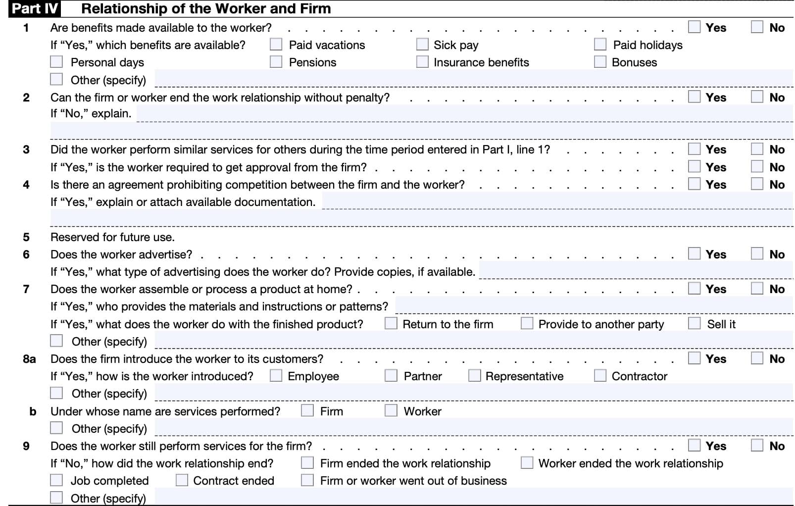 form ss-8, part IV, relationship of the worker and the firm