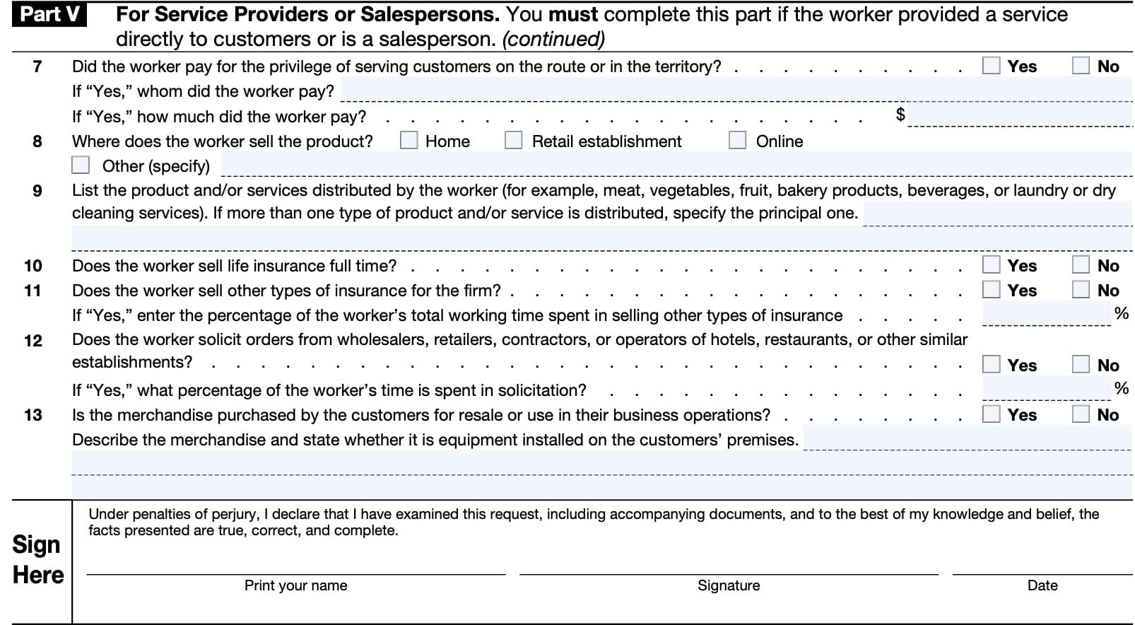 part v, for service providers or salespersons, continued