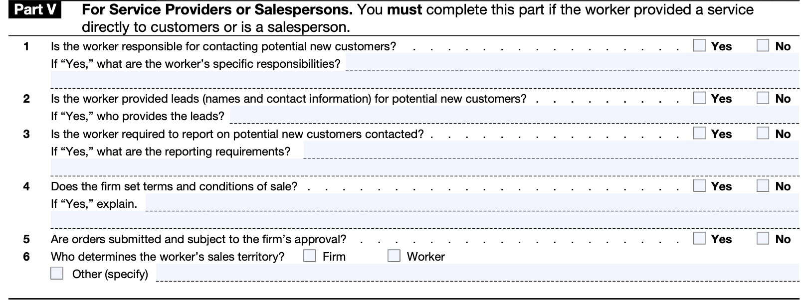 irs form ss-8, part v: for service providers or salespersons