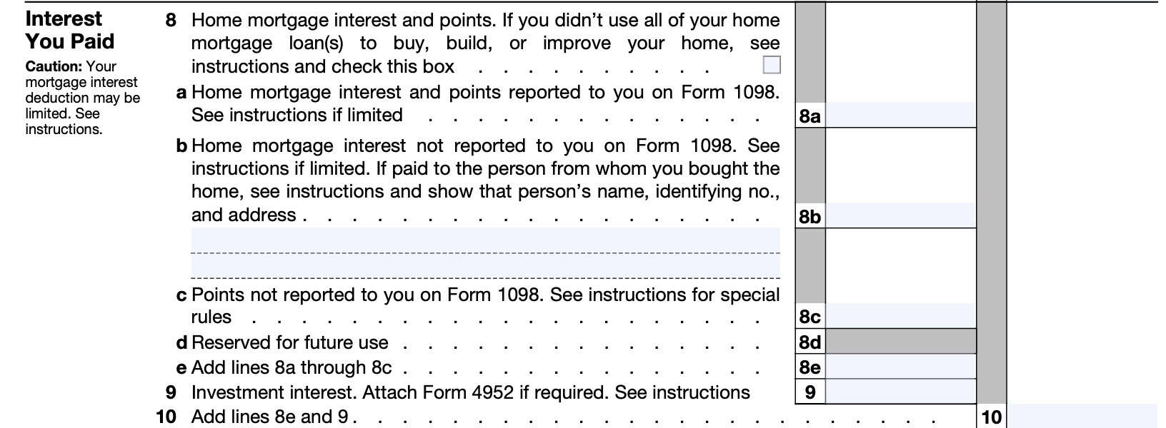 irs schedule a, Lines 8 through 10: interest you paid on home and investments
