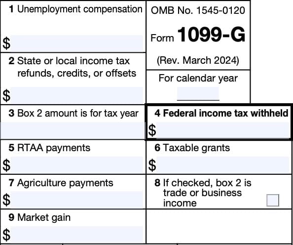 irs form 1099-g, boxes 1 through 9