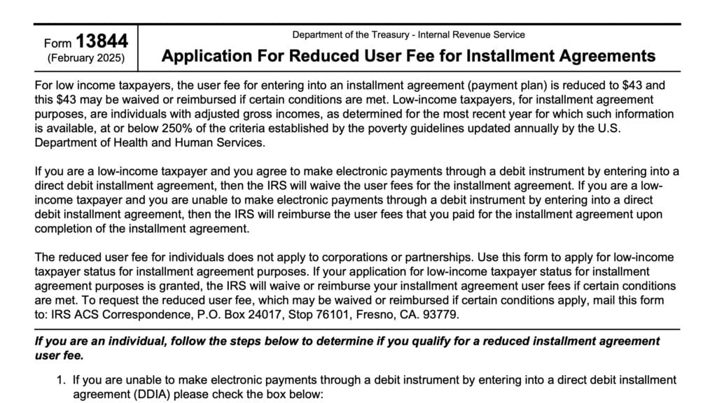 irs form 13844, application for reduced user fee for installment agreements