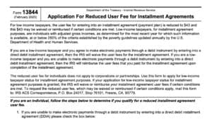 irs form 13844, application for reduced user fee for installment agreements