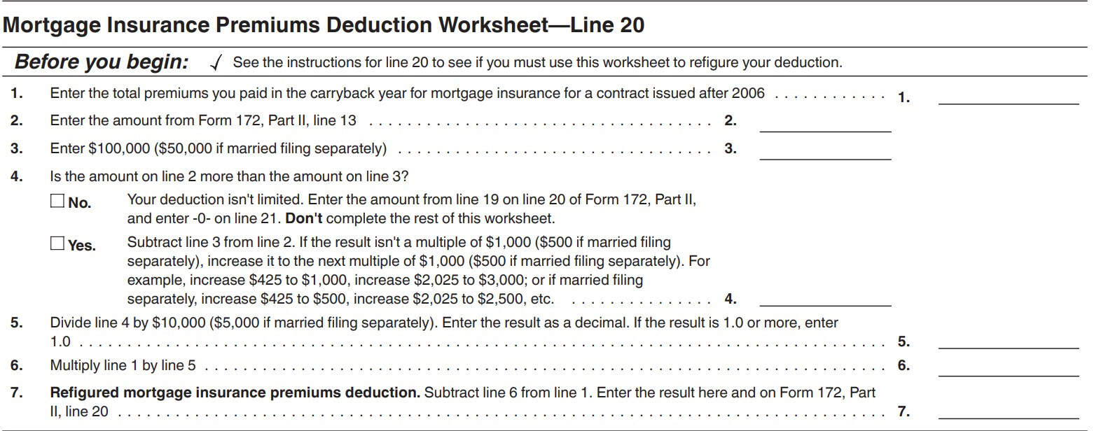 line 20 worksheet: mortgage insurance premiums deduction