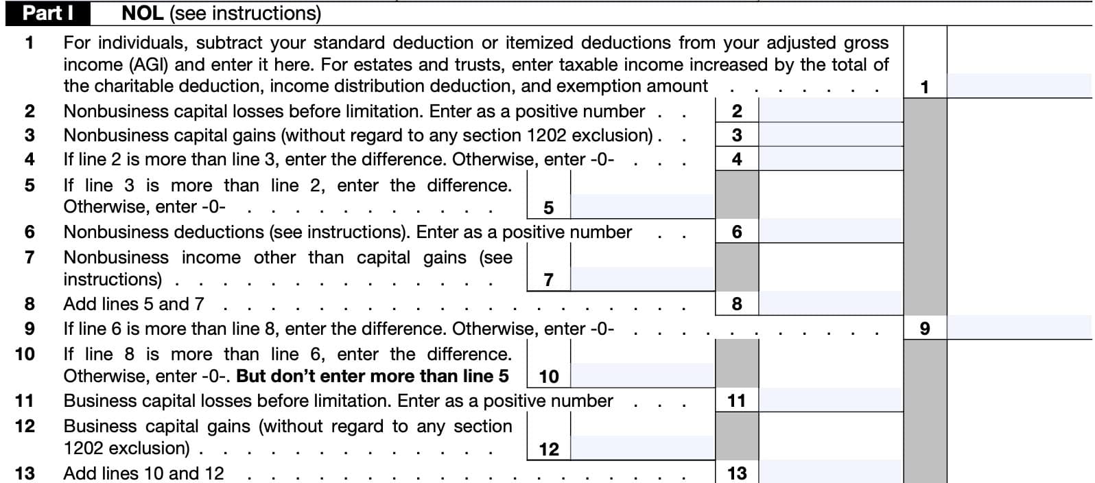 irs form 172, part i: NOL
