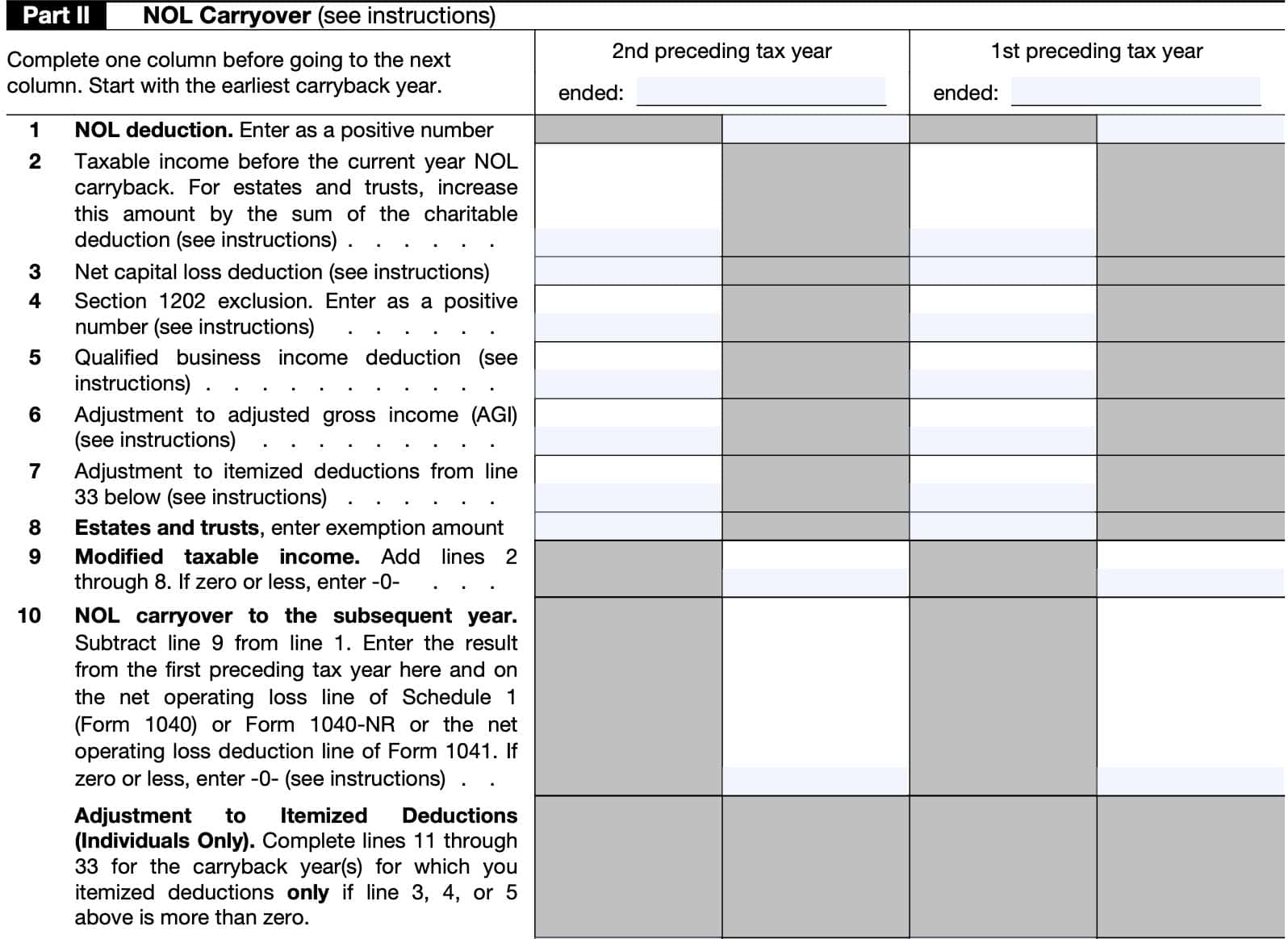 irs form 172, part ii: NOL carryover