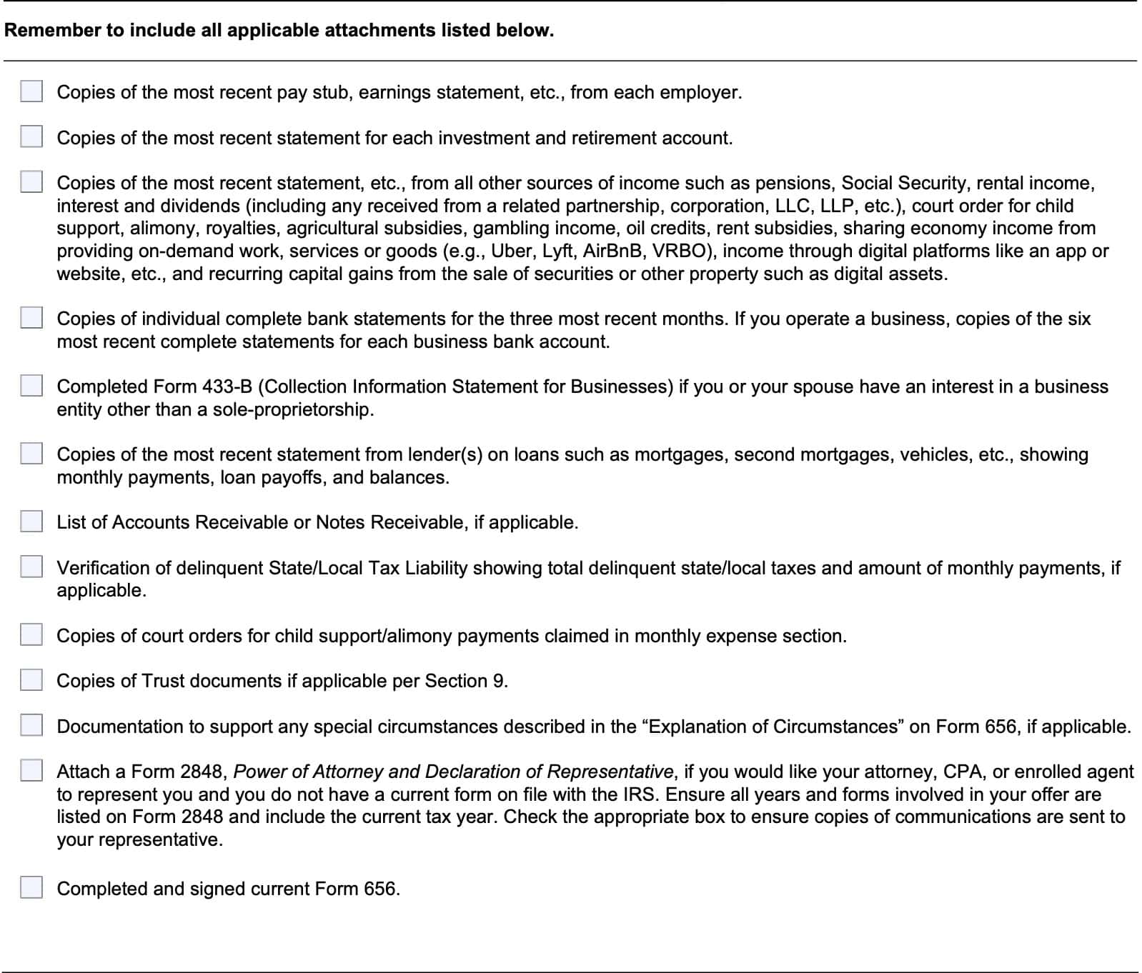 checklist of information attachments