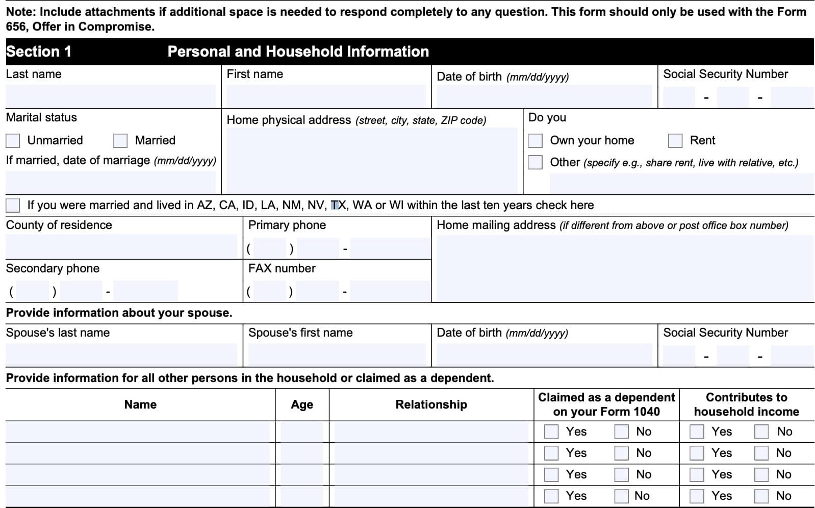 irs form 433-a, section 1: personal and household information