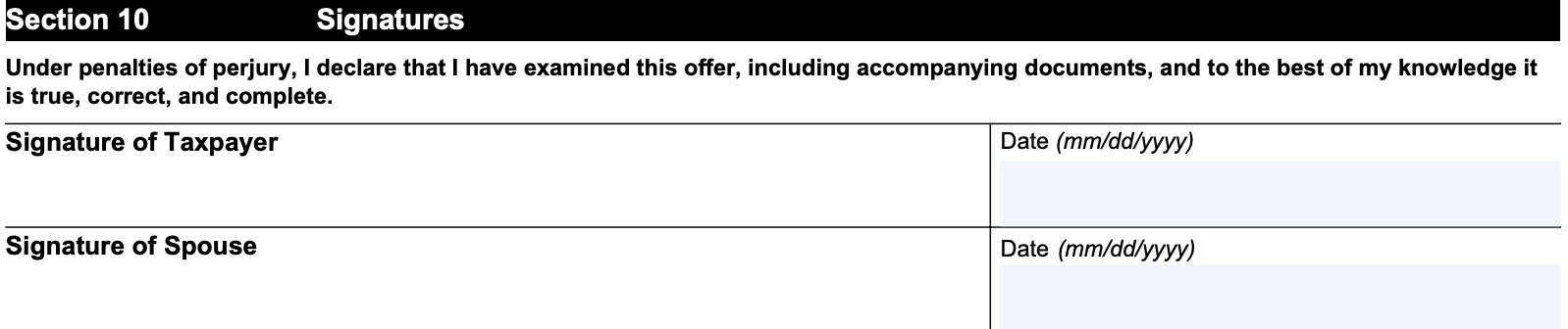 irs form 433-a, section 10: signatures
