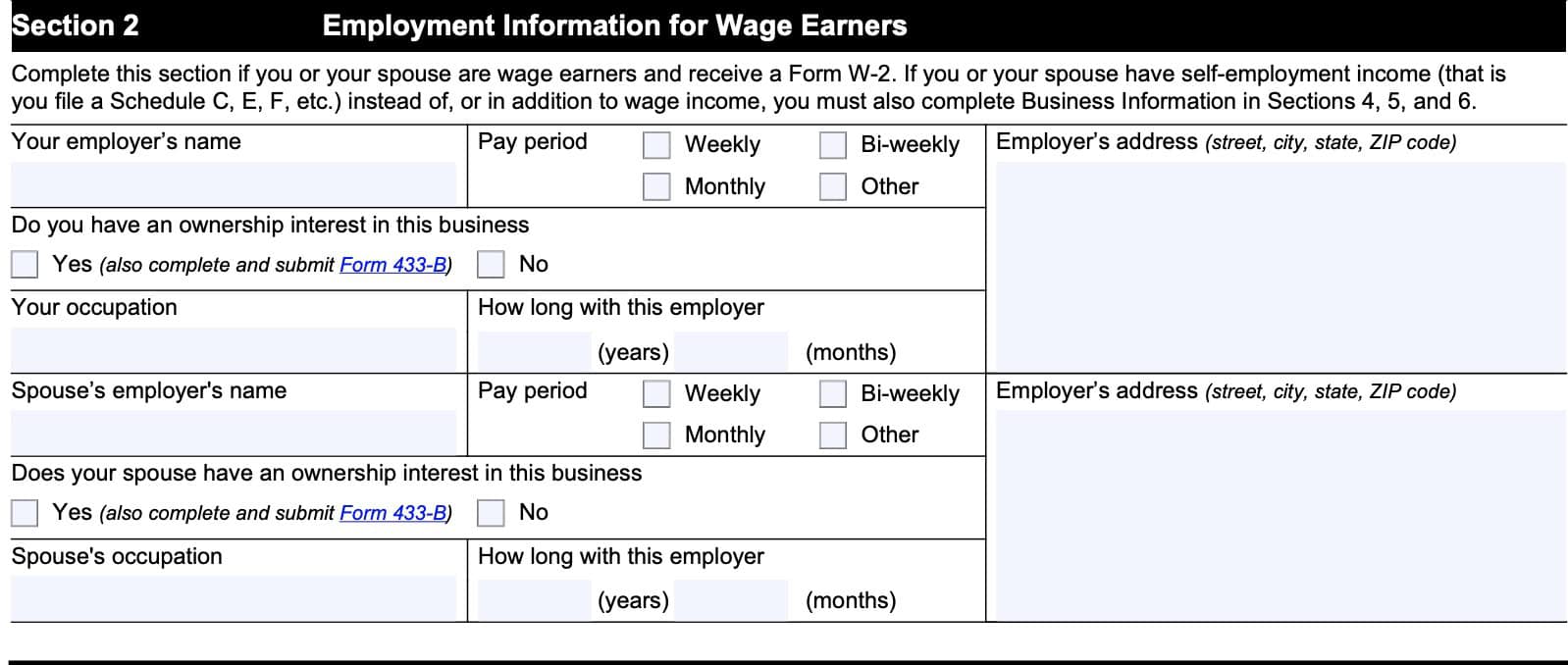 section 2: employment information for wage earners