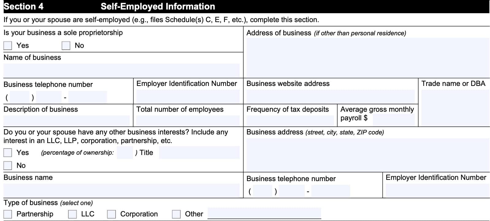 irs form 433-a, section 4: self-employed information