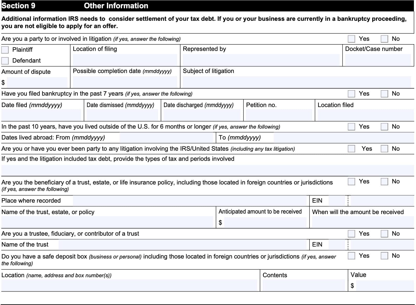 irs form 433-a, section 9: other information