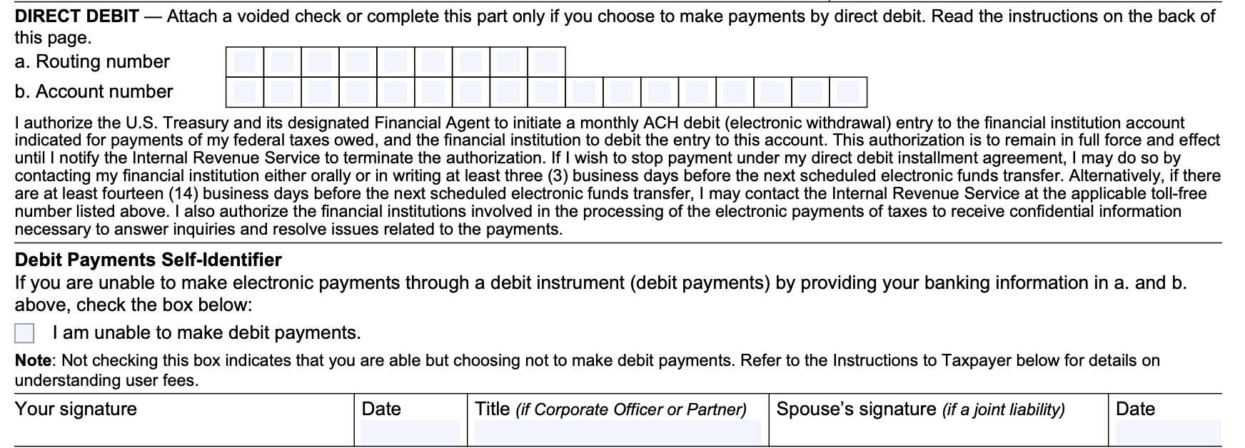 IRS Form 433-D direct debit information helps lower fees to establish an installment agreement