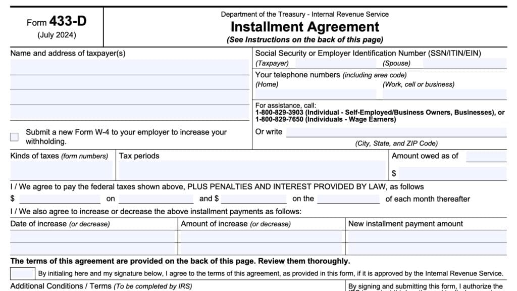 irs form 433-d, installment agreement