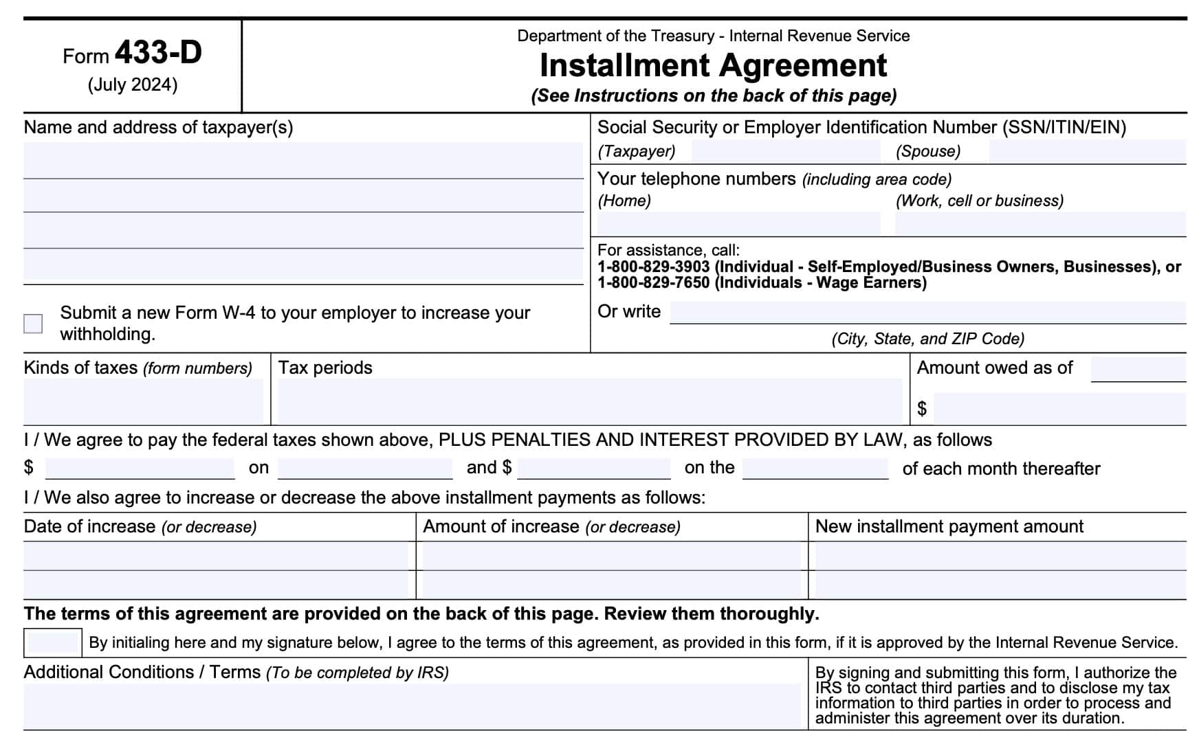 irs form 433-d, installment agreement form