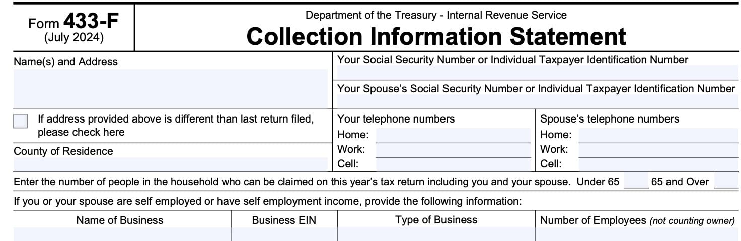 irs form 433-f, collection information statement, taxpayer information