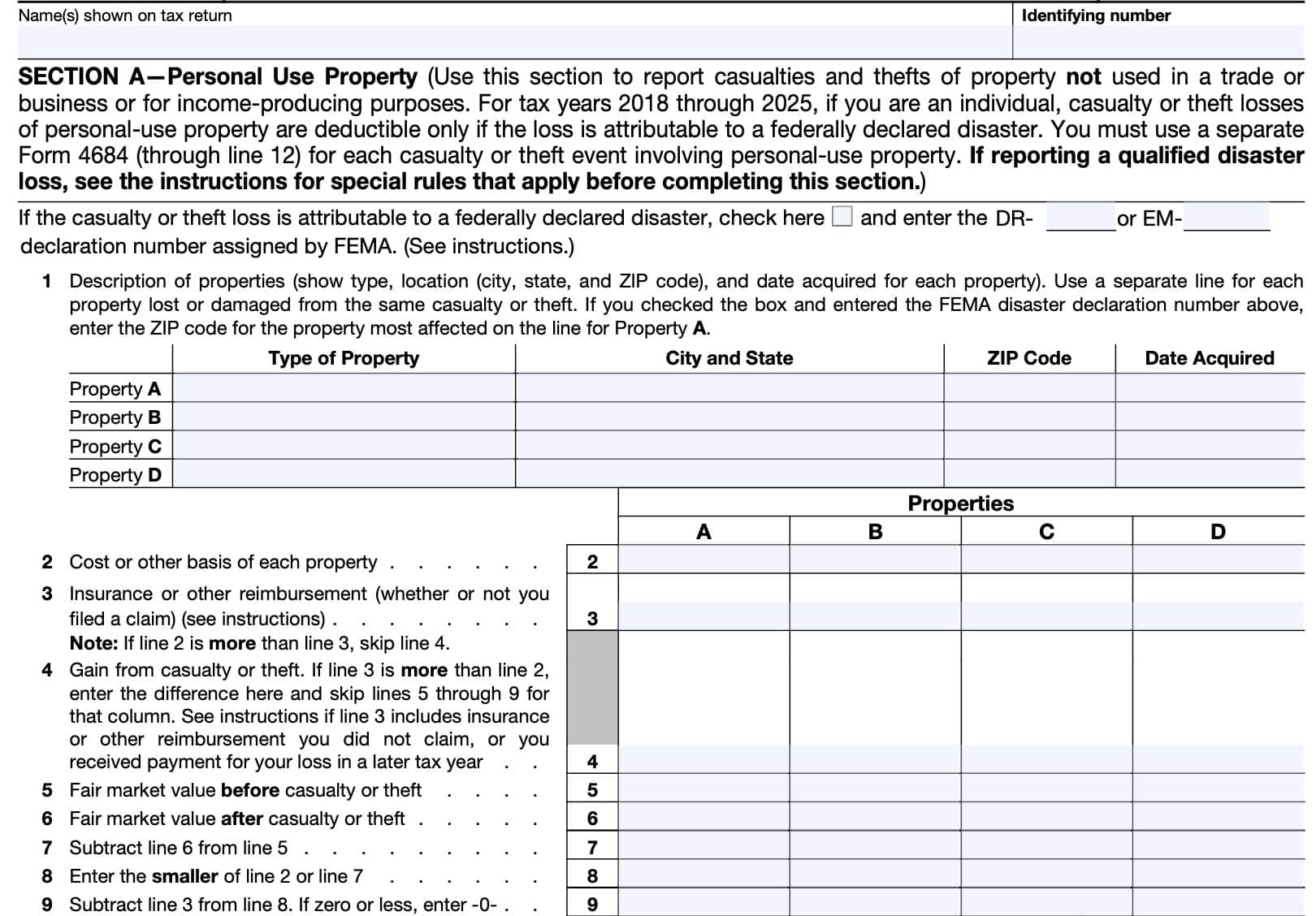 irs form 4684, casualty and thefts, section a-personal use property