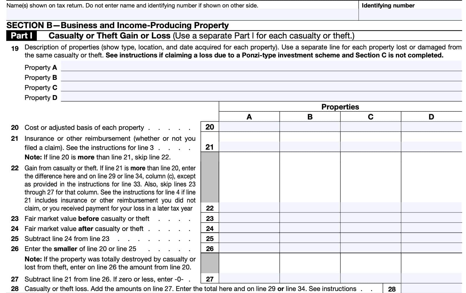irs form 4684, casualty and thefts, section b-business & income-producing property, part i: casualty or theft gain or loss