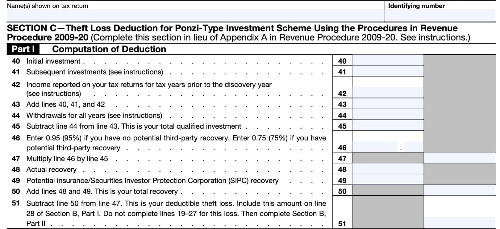 irs form 4684, casualty and thefts, section c-theft loss deduction for ponzi-type investment scheme using procedures in revenue procedure 2009-20, part i: computation of deduction