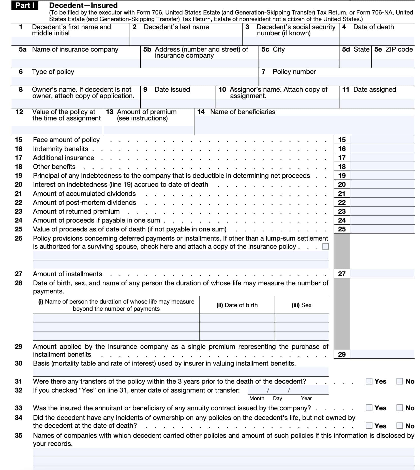 IRS Form 712, Part I contains insurance information about the decedent