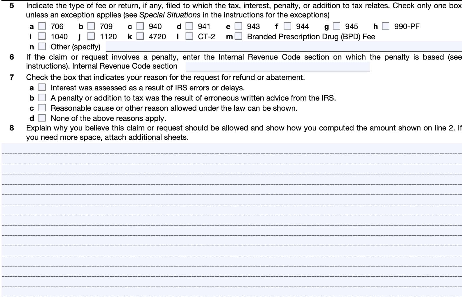 irs form 843, line 5 through line 8