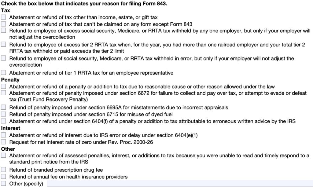 irs form 843, reasons for filing