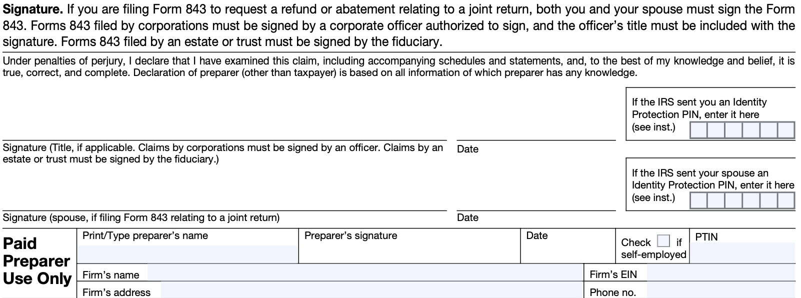 taxpayer signature field at bottom of form 843