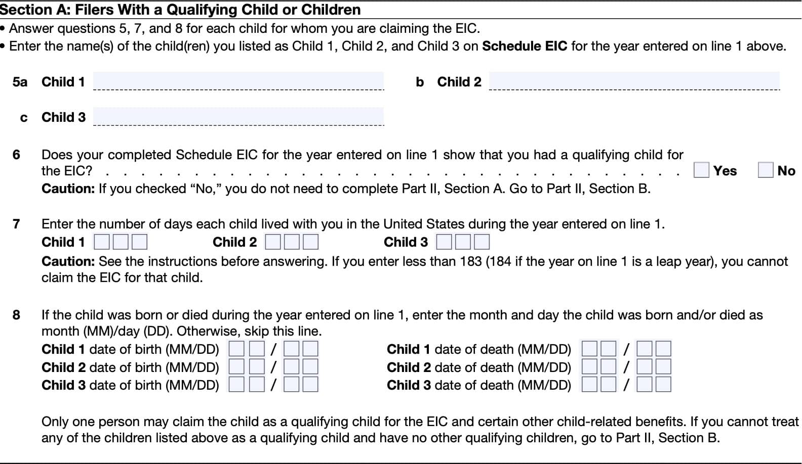 Section A: Filers with a qualifying child or children