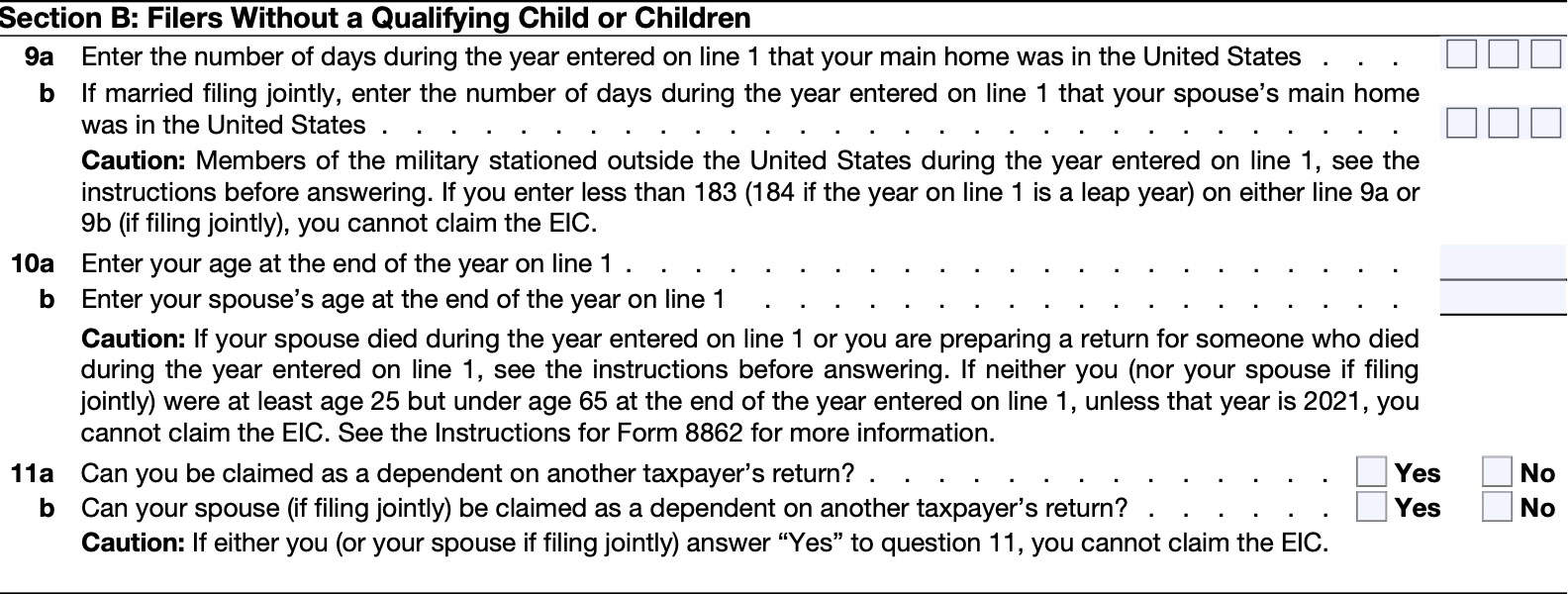 Section b: filers without a qualifying child or children