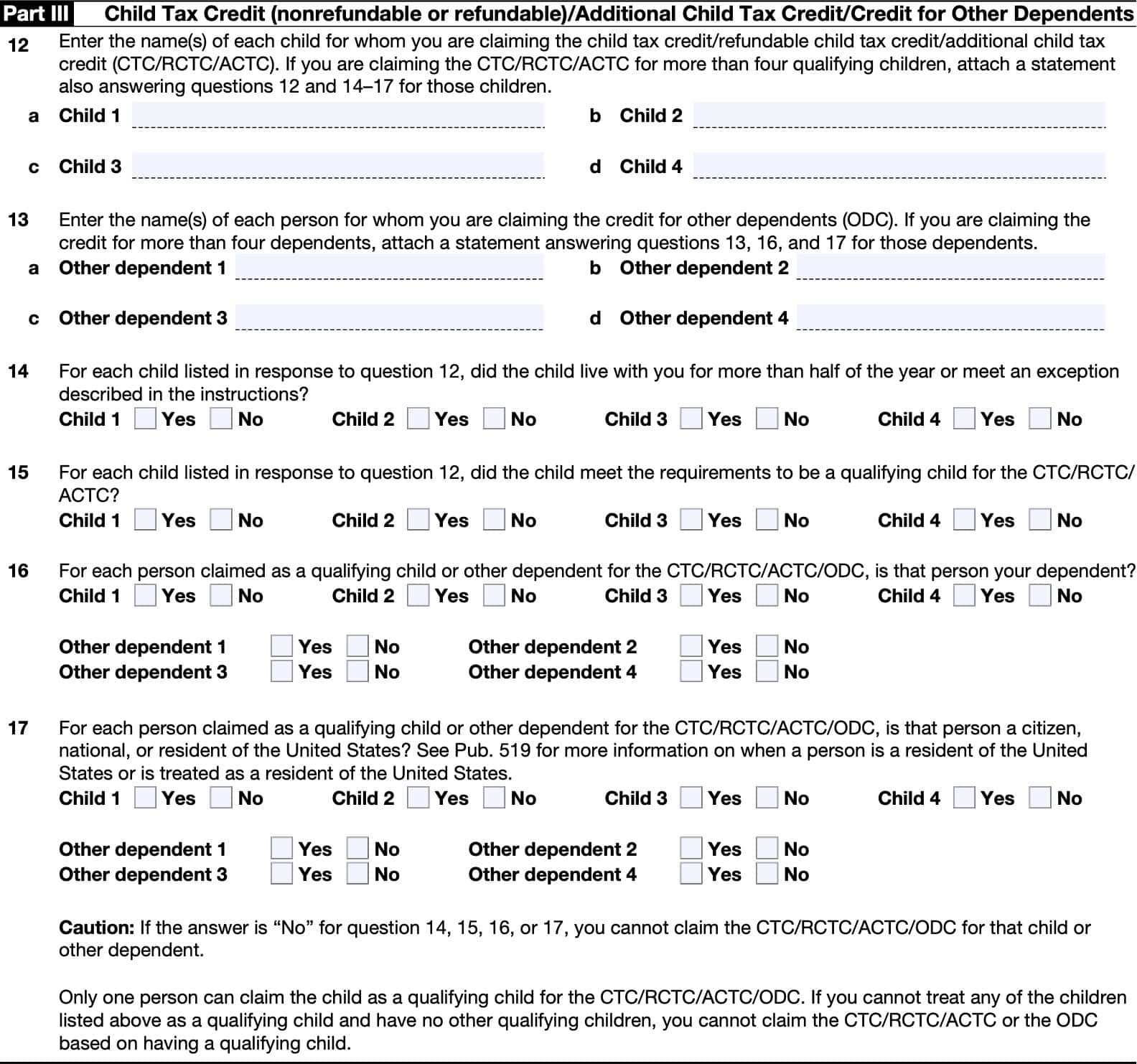 irs form 8862: part III: child tax credit, additional child tax credit, or credit for other dependents