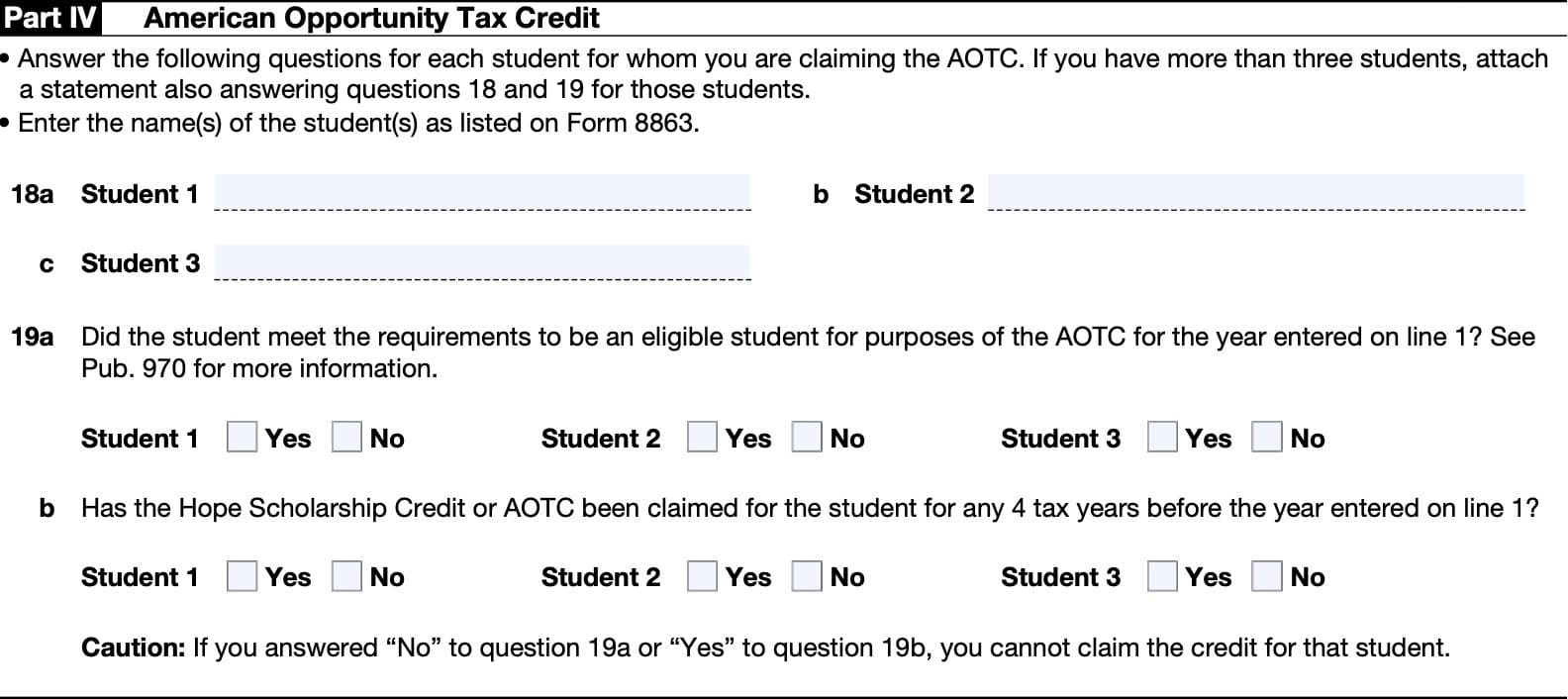 irs form 8862 part iv: american opportunity tax credit 