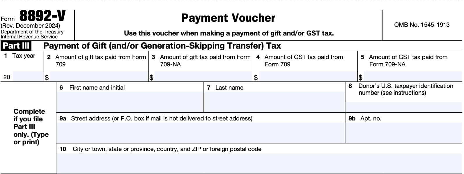 irs form 8892, Part III, Payment of Gift or GST Tax. Also known as irs form 8892-V, payment voucher