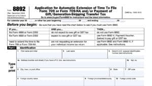 irs form 8892, application for automatic extension of time to file form 709 and/or payment of gift/generation-skipping transfer tax