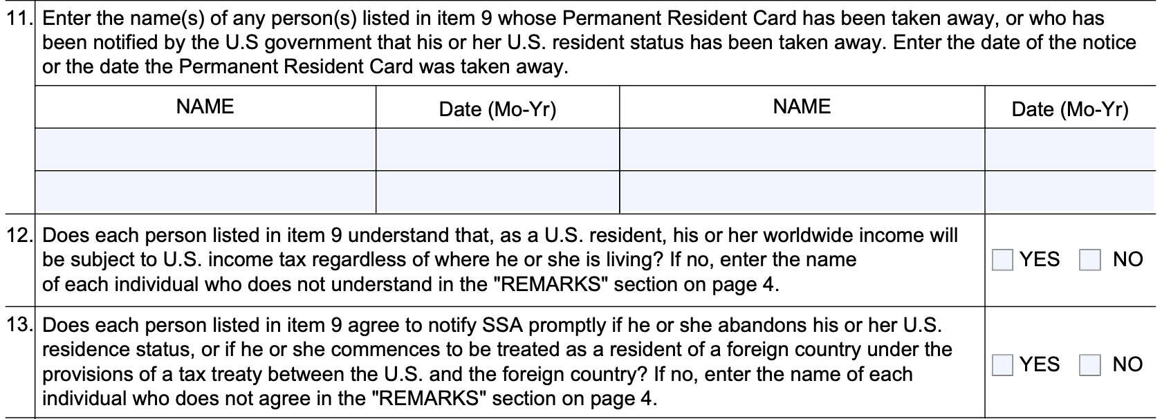 form ssa 21, item 11 through 13