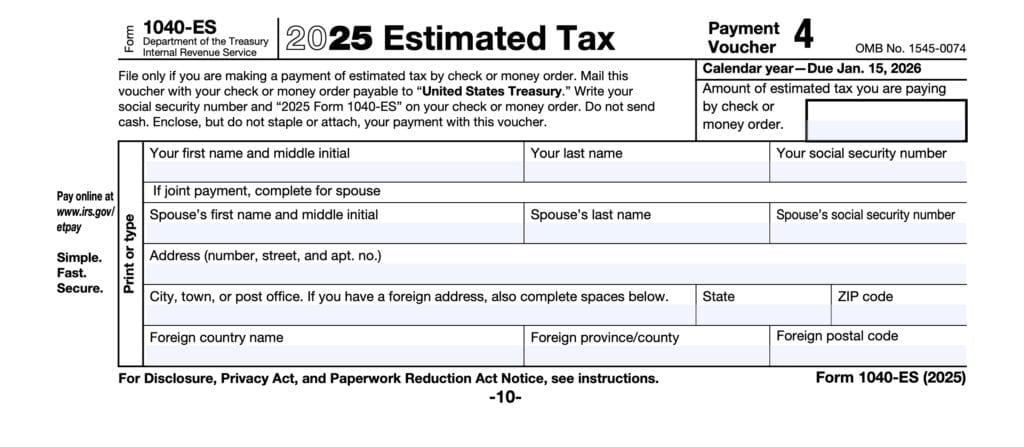 irs form 1040-es, estimated tax