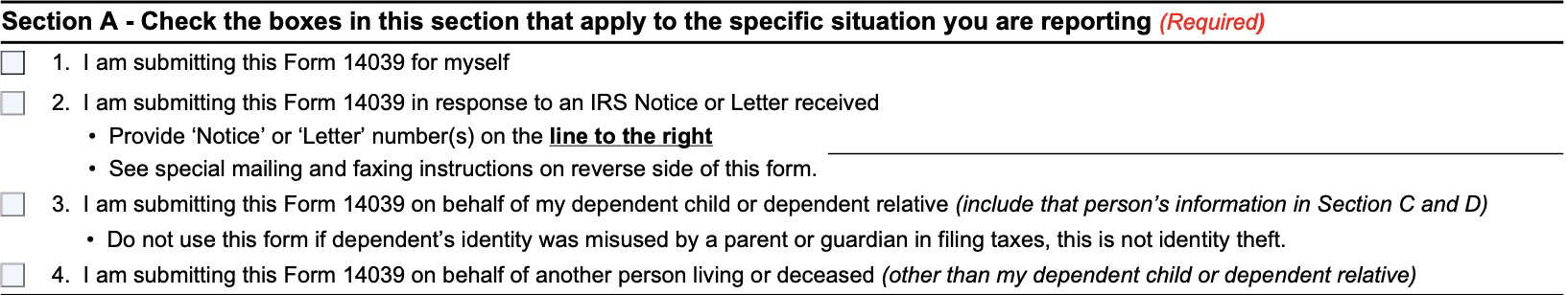 irs form 14039, Section A: specific situation that you are reporting