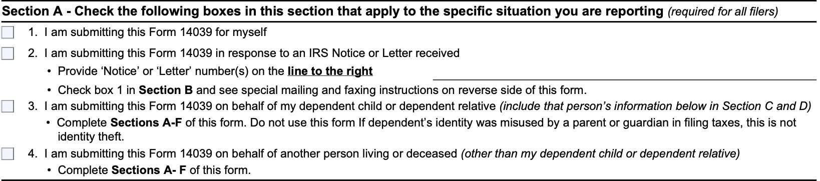 irs form 14039, Section A: specific situation that you are reporting