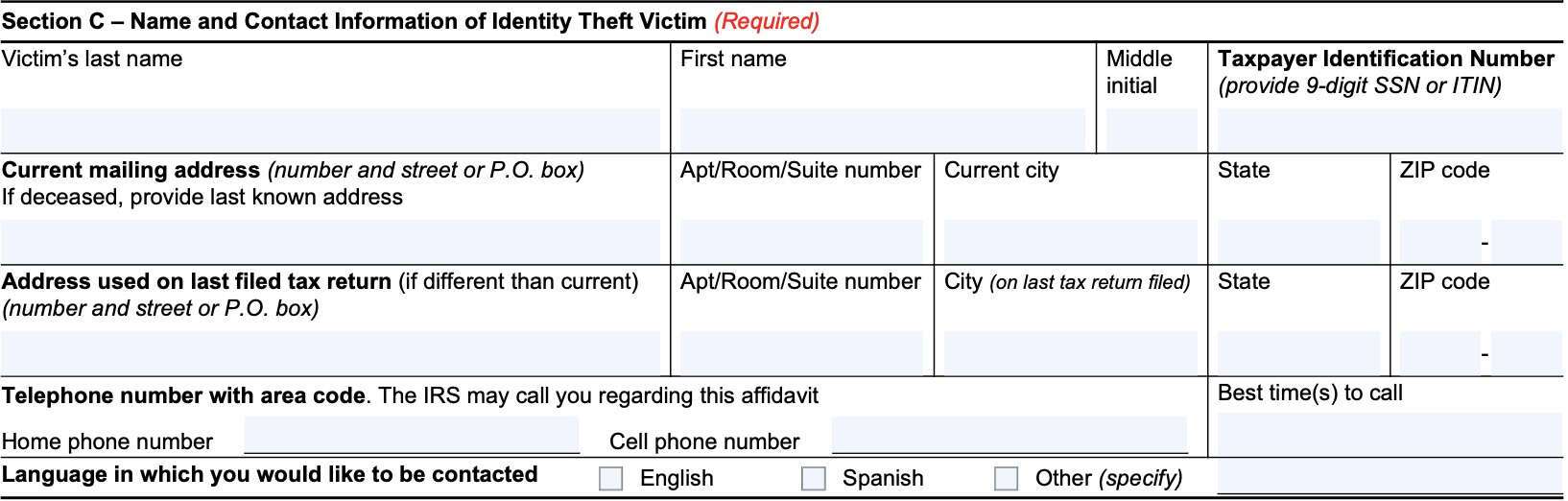 irs form 14039 section c contains contact information for the identity theft victim