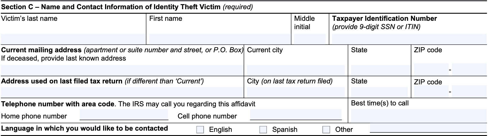 irs form 14039 section c contains contact information for the identity theft victim