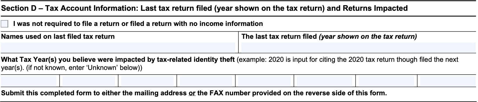 Section D contains tax account information