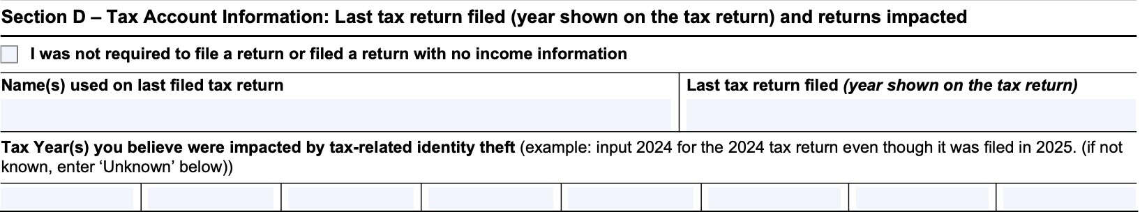 Section D contains tax account information