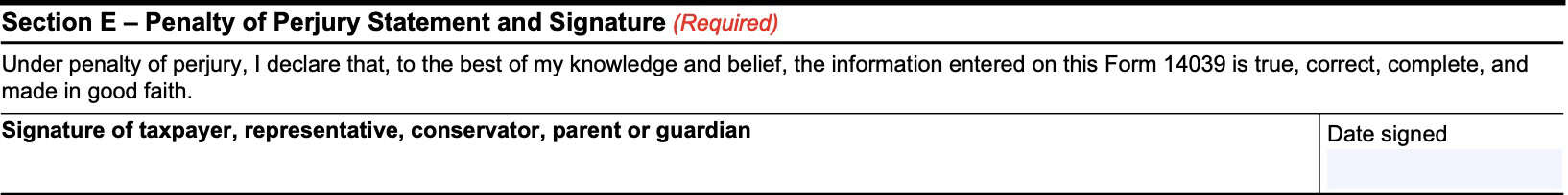 Section e, penalty of perjury statement
