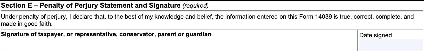 Section e, penalty of perjury statement