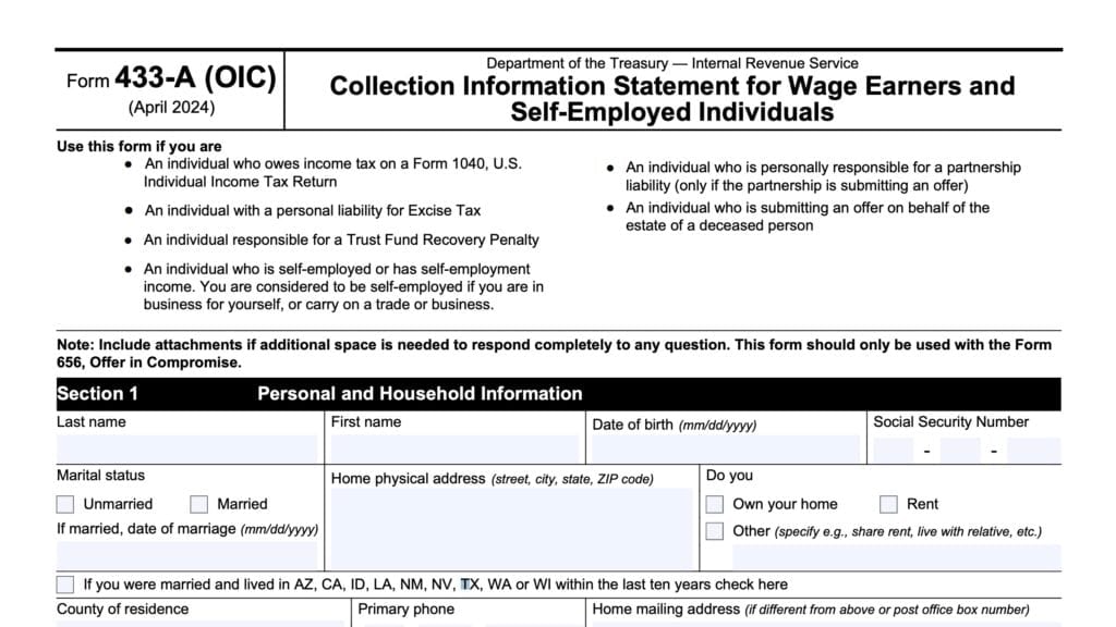 irs form 433-a, collection information statement for wage earners and self-employed individuals
