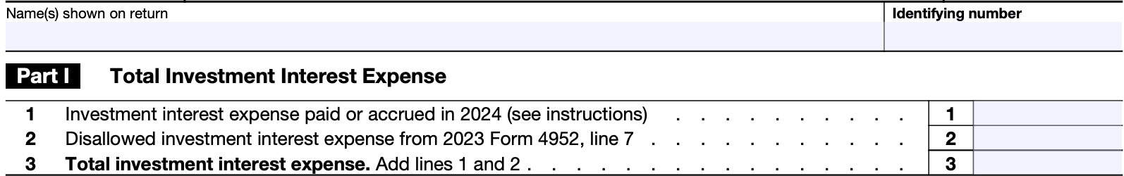 IRS Form 4952 Part I: Total investment interest expense