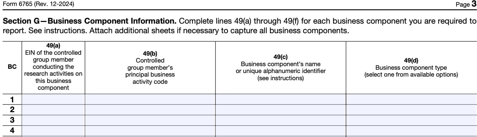 irs form 6765 section g, column 49(a) through 49(d)
