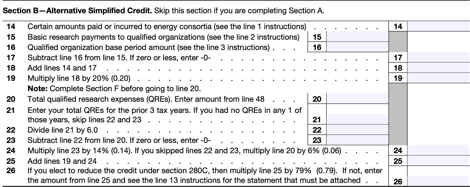 irs form 6765, section b provides alternative simplified tax credit