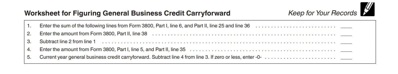 worksheet for figuring general business credit carryforward