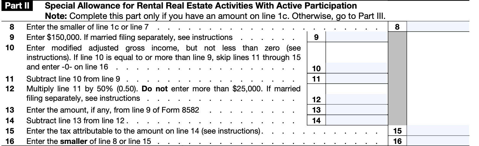 irs form 8582-CR, part II, special allowance for rental real estate activities with active participation