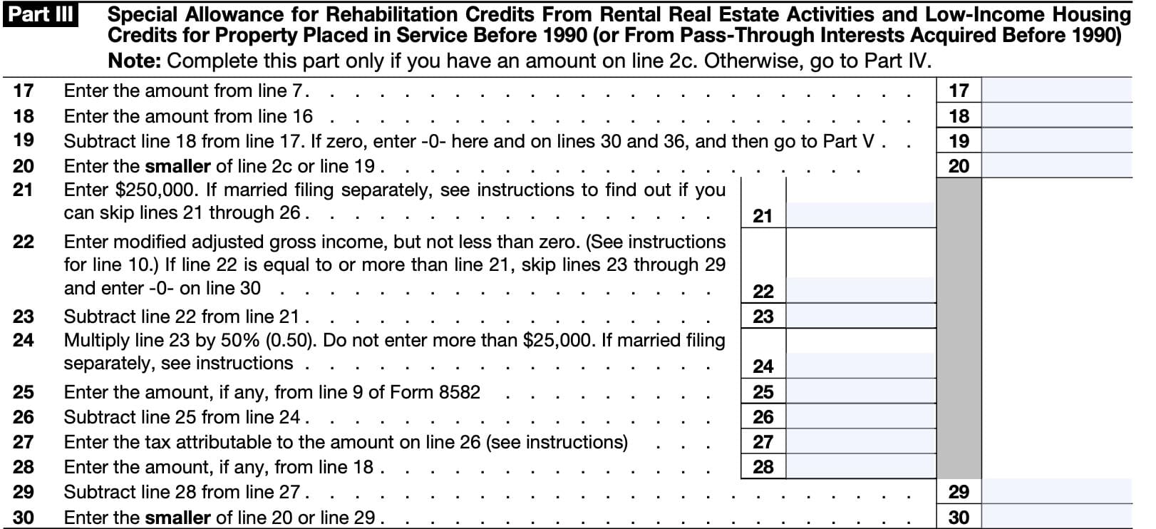 Part III, passive activity credits, Special Allowance for Rehabilitation Credits From Rental Real Estate Activities and Low-Income Housing
Credits for Property Placed in Service Before 1990 (or From Pass-Through Interests Acquired Before 1990)